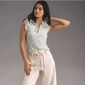 By Anthropologie -641 Crochet Ruffle Tank Top Sleeveless Knit Blue Size Small‎